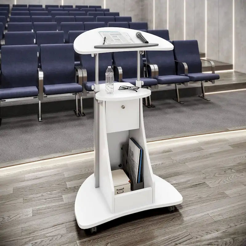 Carrello porta laptop regolabile bianco con rotelle e vano portaoggetti