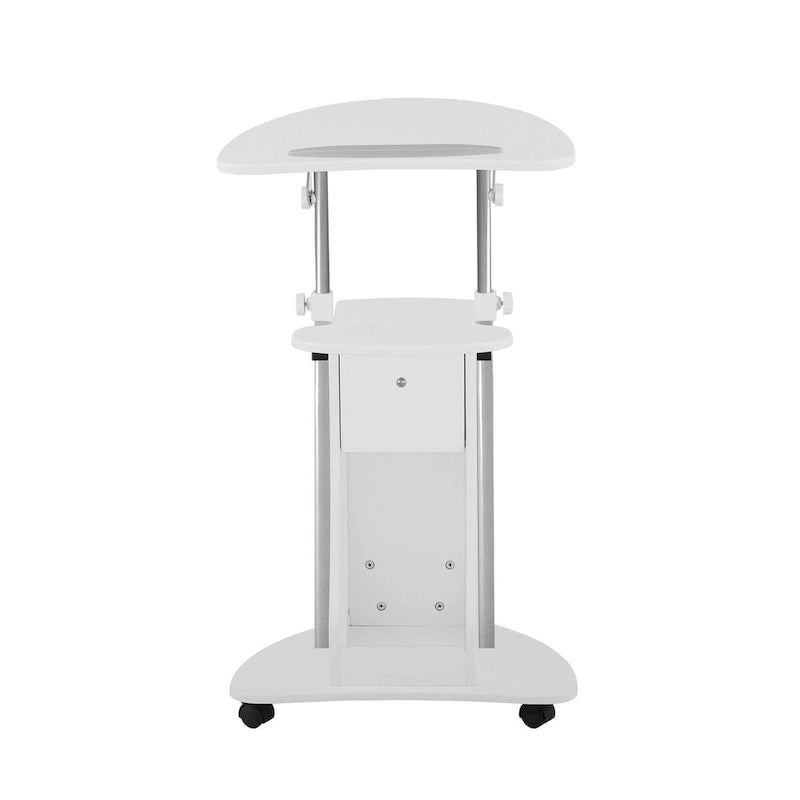 Carrello porta laptop regolabile bianco con rotelle e vano portaoggetti