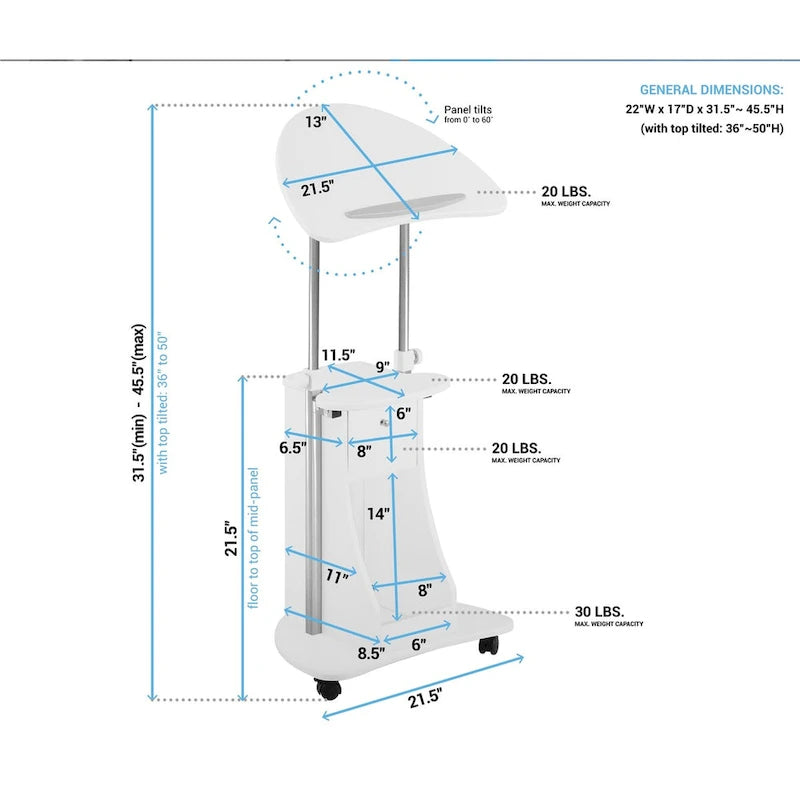 Carrello porta laptop regolabile bianco con rotelle e vano portaoggetti