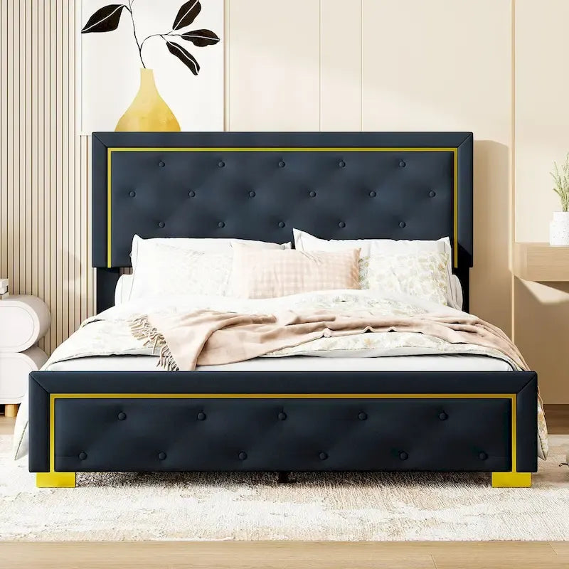 Letto imbottito a piattaforma Queen Size con testiera a capitonné