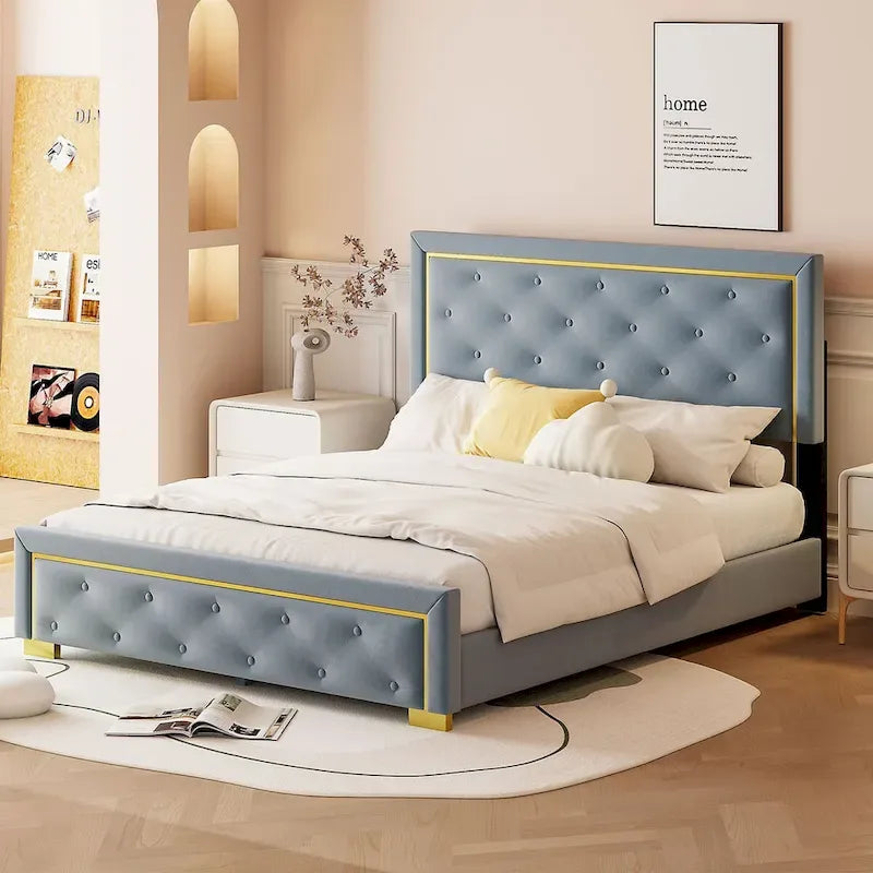 Letto imbottito a piattaforma Queen Size con testiera a capitonné