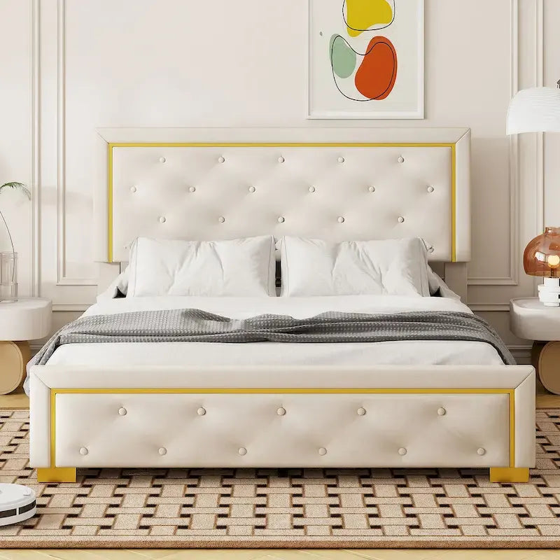 Letto imbottito a piattaforma Queen Size con testiera a capitonné