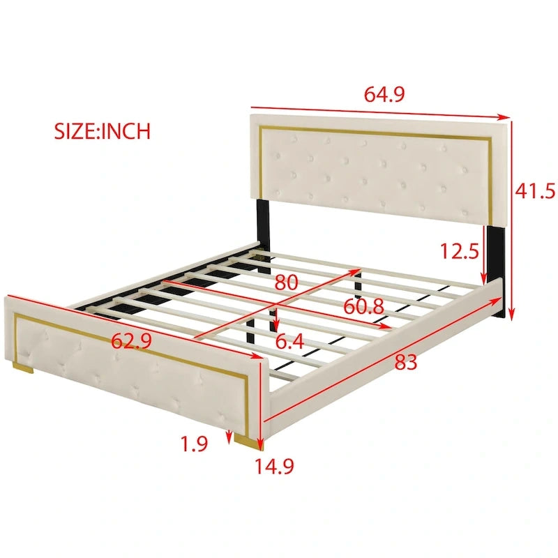 Letto imbottito a piattaforma Queen Size con testiera a capitonné