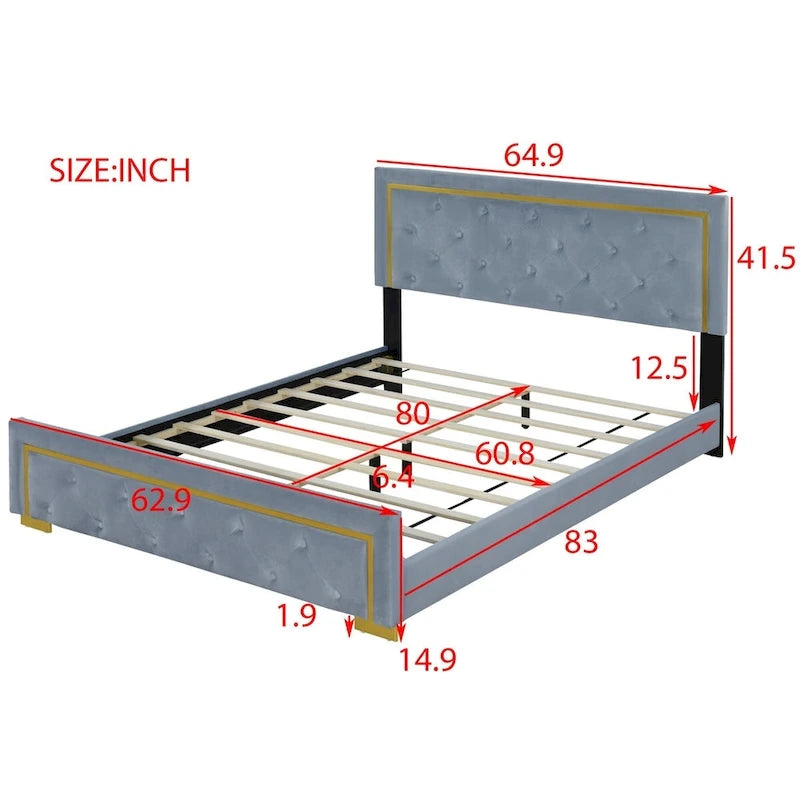 Letto imbottito a piattaforma Queen Size con testiera a capitonné