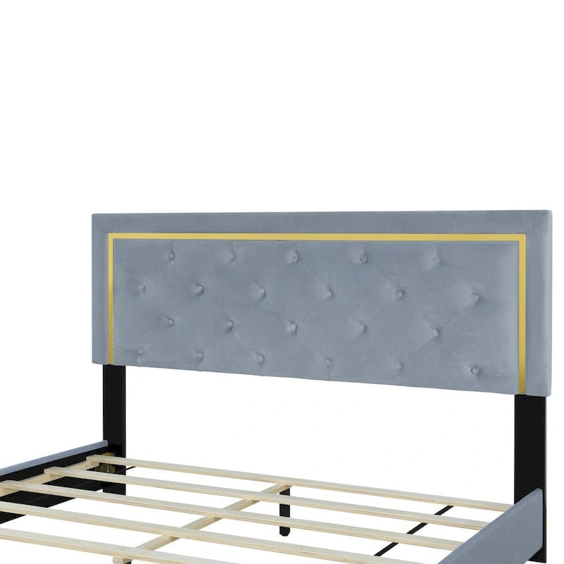 Letto imbottito a piattaforma Queen Size con testiera a capitonné